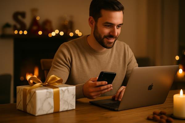 Vader bestelt sinterklaascadeau op tijd voor pakjesavond.