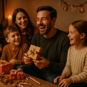 Sinterklaas cadeau voor een jonge vaders die lachend het cadeau opent