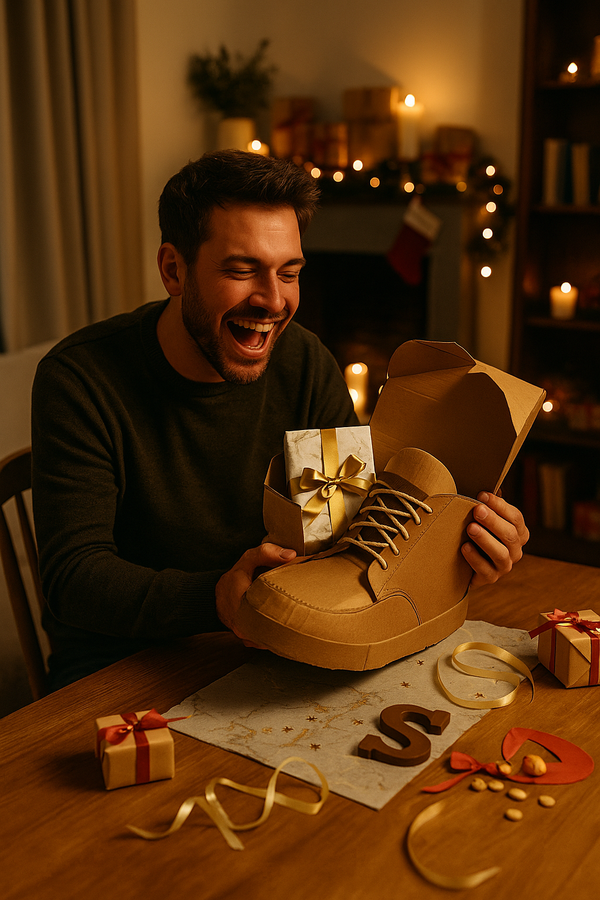 Vader lacht terwijl hij een surprise openmaakt tijdens pakjesavond.