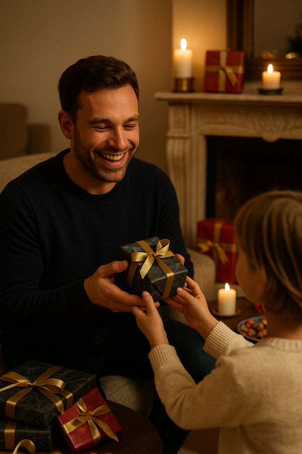 Vader ontvangt een klein maar stijlvol ingepakt sinterklaascadeau en lacht verrast.