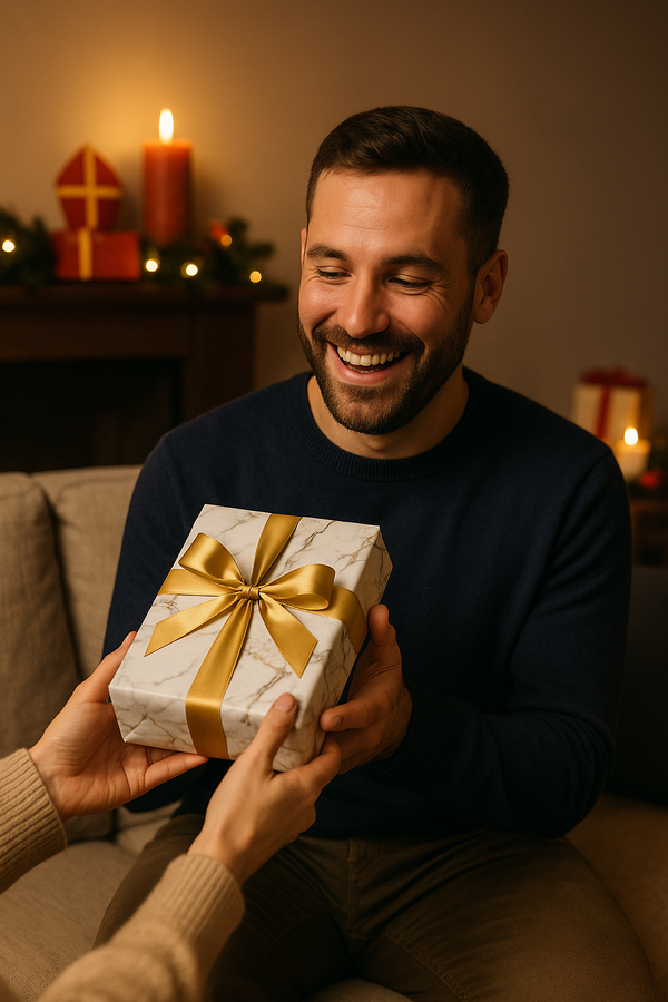 Vader ontvangt een origineel sinterklaascadeau en lacht verrast.