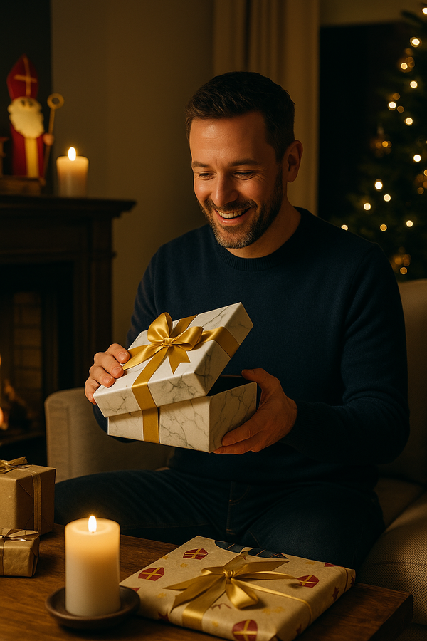 Vader pakt luxe sinterklaascadeau uit in warme avondsetting bij Sinterklaasviering.