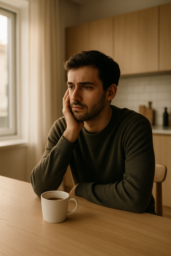 Aanstaande vader zit alleen aan de keukentafel en twijfelt of hij zich al vader voelt.