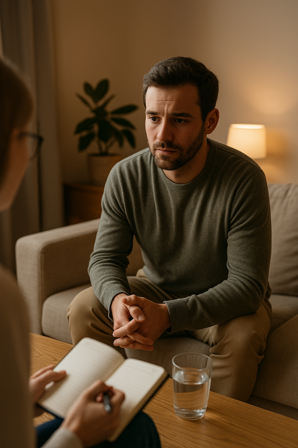 Aanstaande vader praat met een professional over zijn onzekerheden tijdens de zwangerschap.