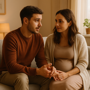 Aanstaande vader bespreekt zijn onzekerheden met zijn zwangere partner terwijl ze samen op de bank zitten.