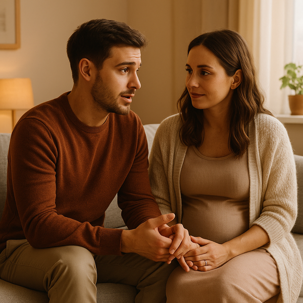Aanstaande vader bespreekt zijn onzekerheden met zijn zwangere partner terwijl ze samen op de bank zitten.