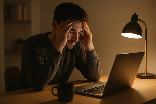 Aanstaande vader zit bezorgd achter zijn laptop en denkt na over zijn twijfels rond het vaderschap.