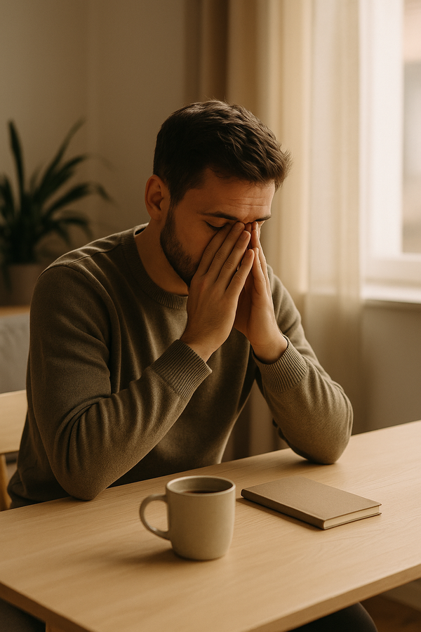 Aanstaande vader zit met zijn hoofd in zijn handen aan de tafel en voelt stress tijdens de zwangerschap.