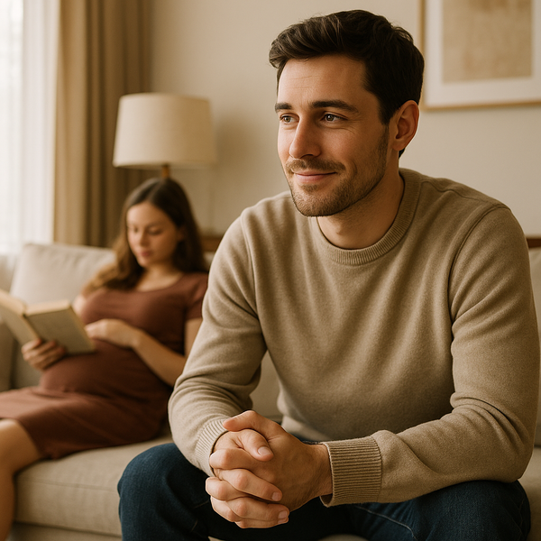 Aanstaande vader zit nadenkend op de bank terwijl zijn zwangere partner naast hem ontspannen leest.
