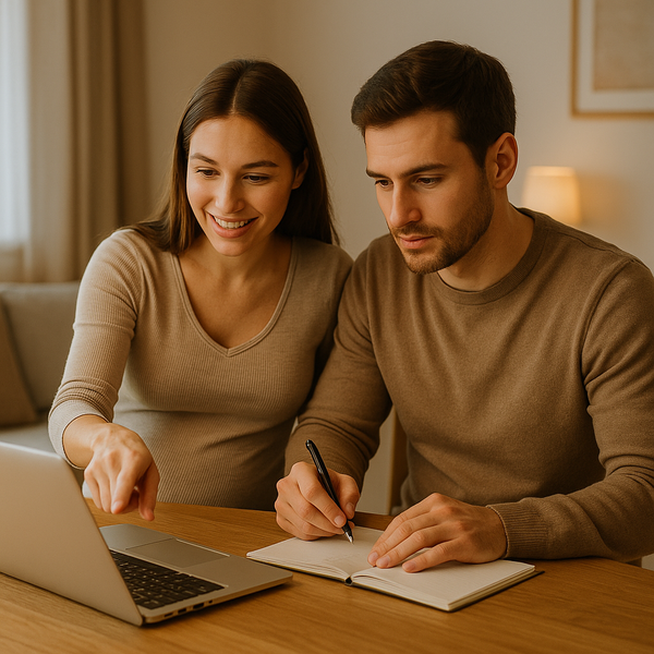 Aanstaande ouders bereiden de baby-uitzet voor door samen online spullen te bekijken.