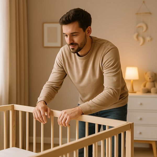 Aanstaande vader zet een ledikant in elkaar tijdens de voorbereiding van de babykamer.