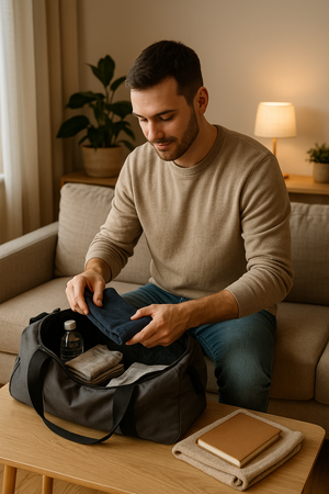 Aanstaande vader pakt thuis een tas in met essentials voor de bevalling.
