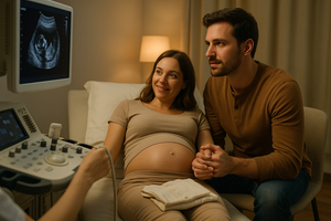 Aanstaande vader houdt de hand van zijn zwangere partner vast tijdens de eerste echo.