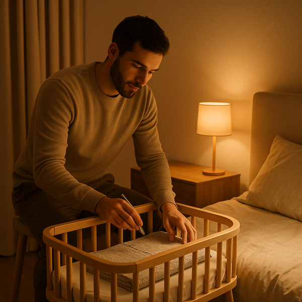Aanstaande vader zet het wiegje klaar naast het bed ter voorbereiding op de eerste nachten met de baby.