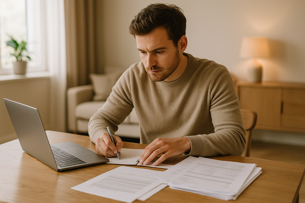 Aanstaande vader bereidt zich financieel voor met laptop en papieren aan de keukentafel.