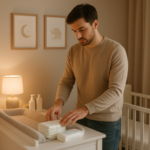 Aanstaande vader bereidt de babykamer voor door luiers en verzorgingsspullen klaar te zetten.