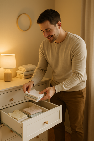 Aanstaande vader legt babykleertjes en dekentjes klaar in de commode als voorbereiding op de kraamweek.