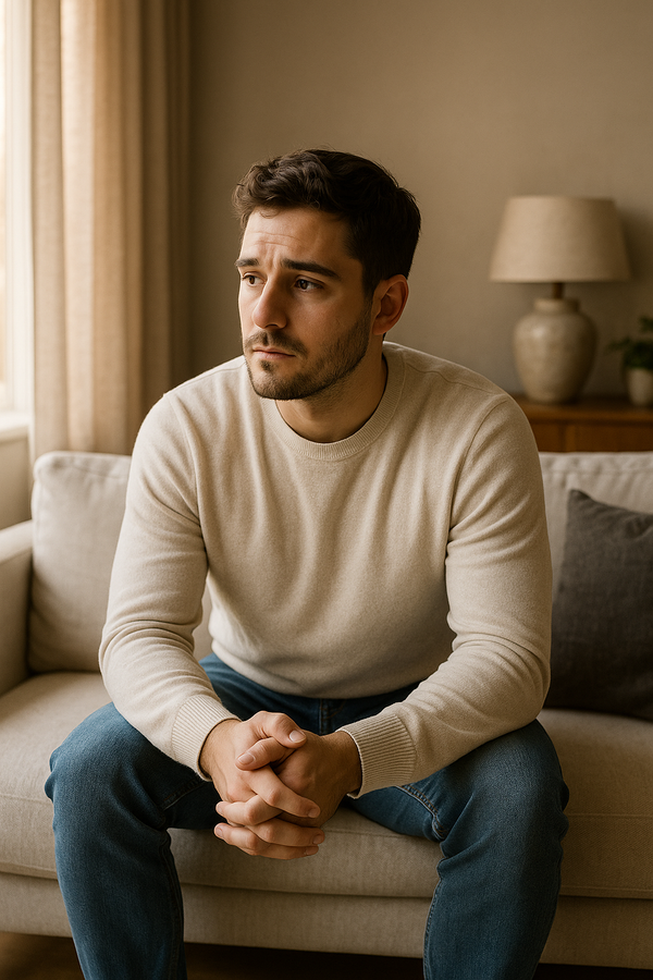 Aanstaande vader zit nadenkend op de bank tijdens mentale voorbereiding op het vaderschap.