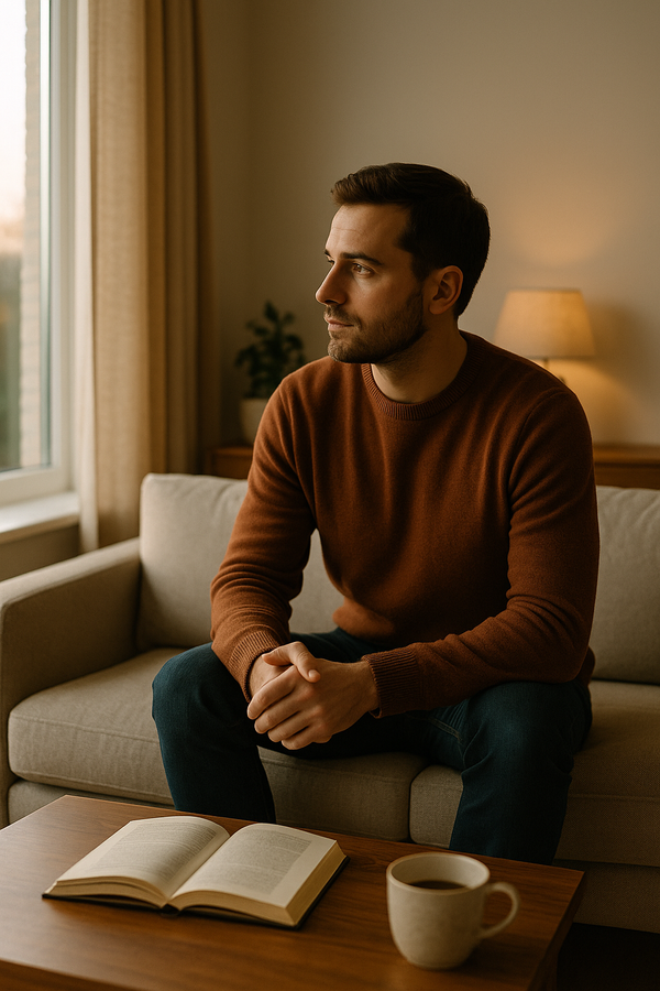 Aanstaande vader kijkt peinzend uit het raam en denkt na over de verandering die vaderschap met zich meebrengt.