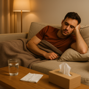 Aanstaande vader ligt vermoeid op de bank met verschijnselen die lijken op zwangerschapskwaaltjes.