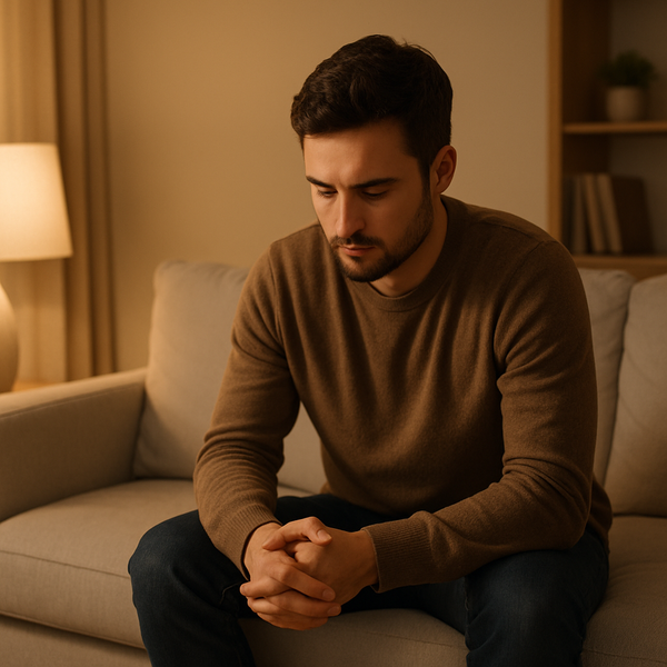 Aanstaande vader zit stil in de woonkamer en houdt zijn angsten voor zichzelf.