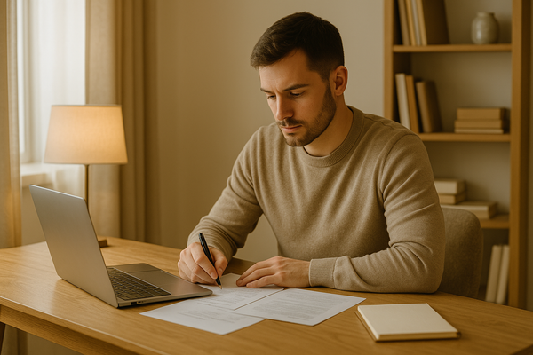 Aanstaande vader plant zijn verlof achter zijn laptop en maakt aantekeningen thuis.