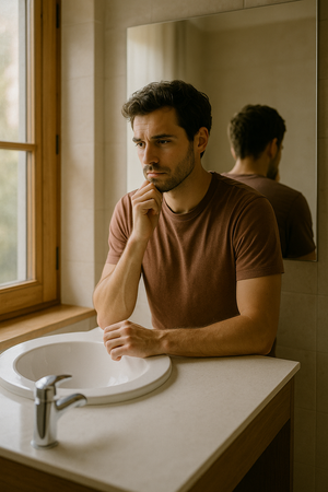 Aanstaande vader kijkt nadenkend in de spiegel en reflecteert op zijn veranderende identiteit.