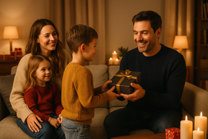 Gezin viert pakjesavond en geeft vader een sinterklaascadeau.